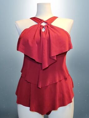 Swimsuit Red Ruffle 2 Piece 3X Plus Size Tankini Fupa Friendly Figure Flattering